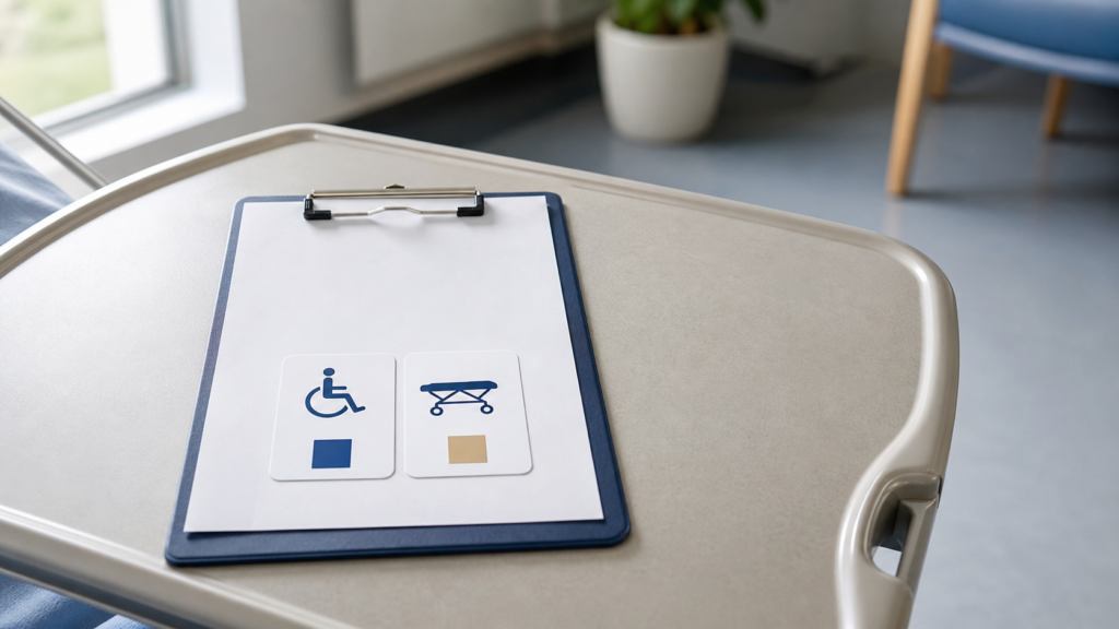 Hospital discharge clipboard for wheelchair or stretcher planning