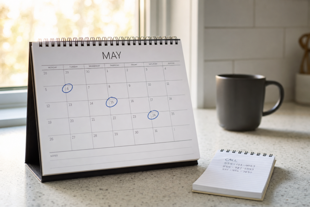Weekly kitchen calendar with three treatment days circled in blue pen beside a notepad in morning light