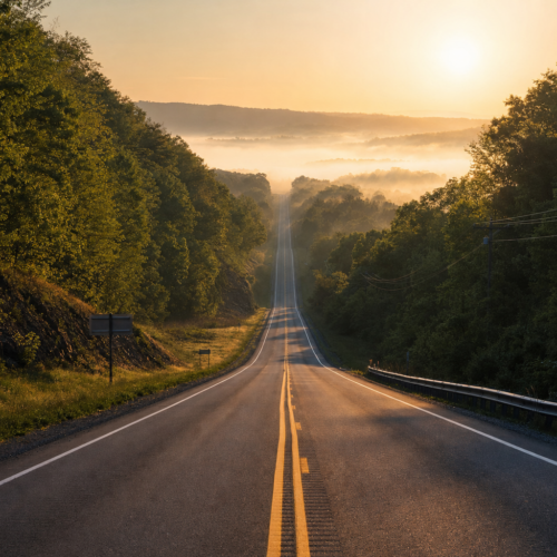 A Virginia highway stretching to the horizon at dawn for long-distance medical transport planning