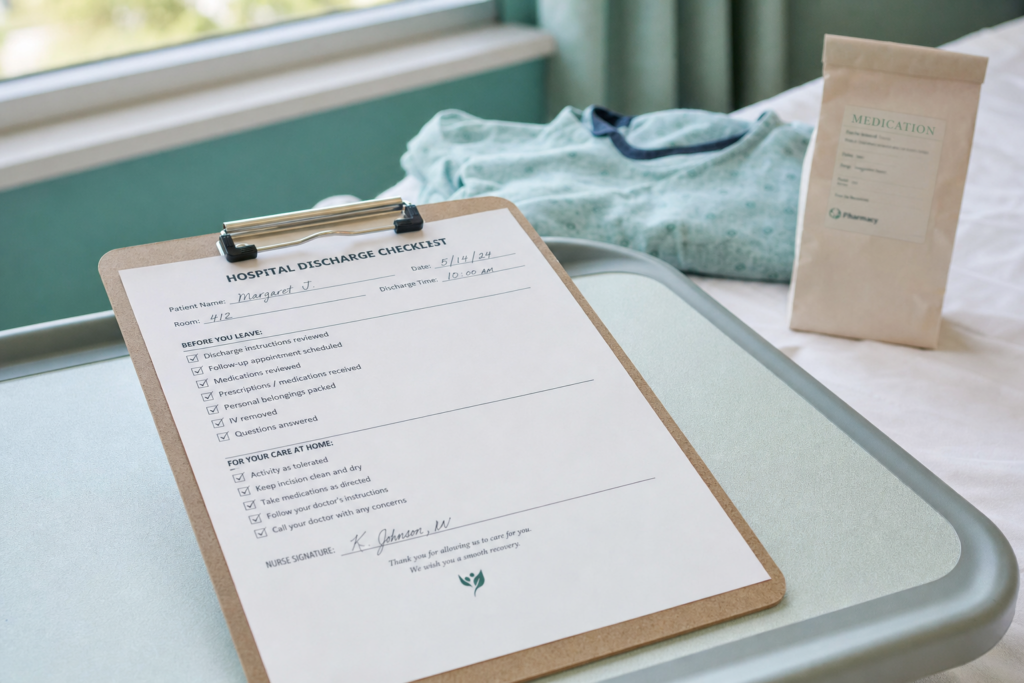Hospital discharge checklist on a clipboard resting on a rolling tray table in soft morning light