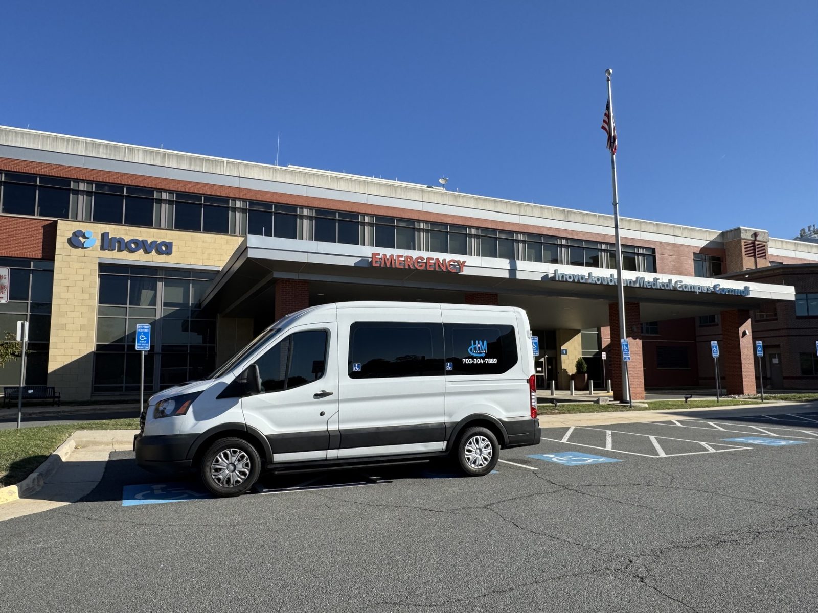 H&M Transport van at the Inova Loudoun Cornwall campus in Leesburg, Virginia